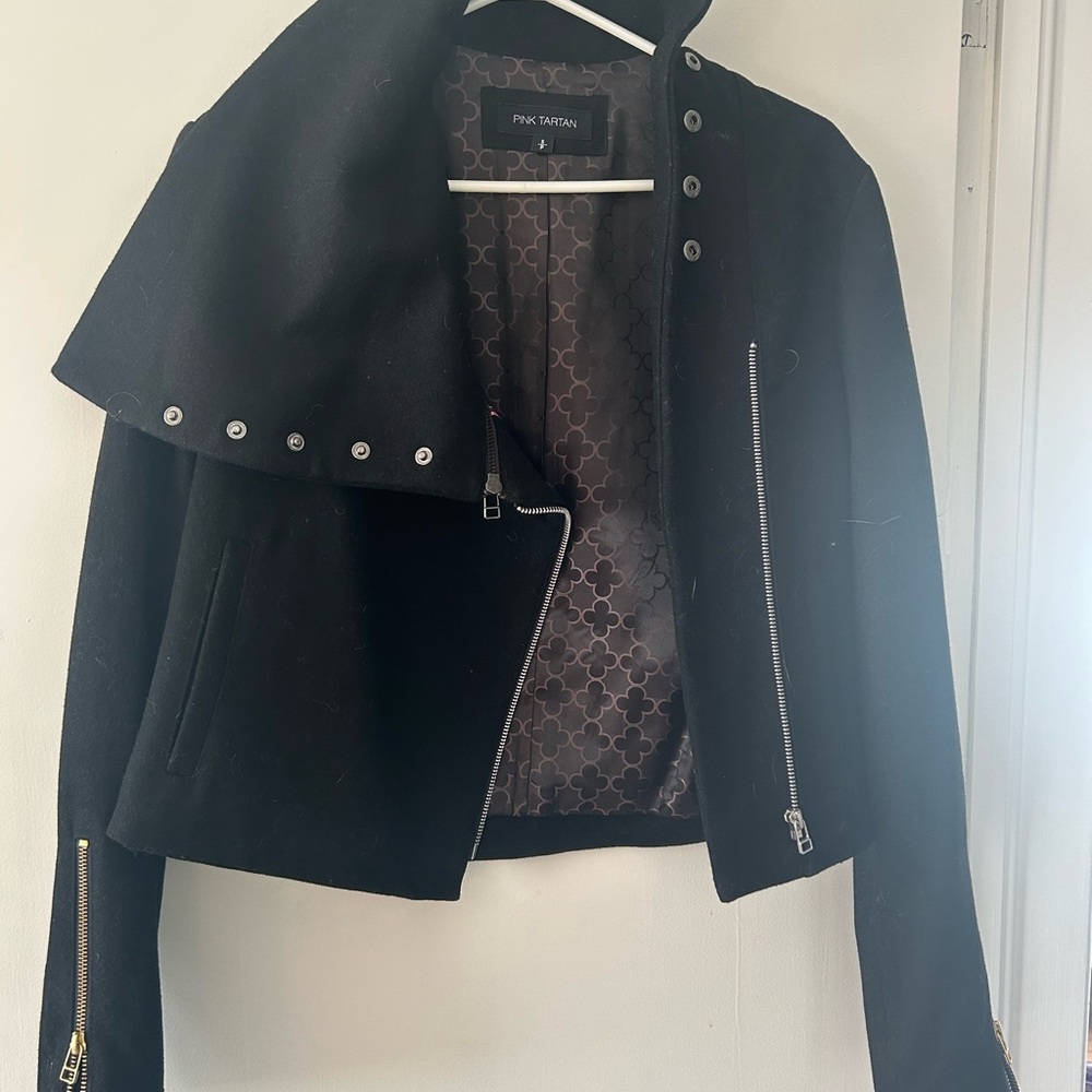 Pink Tartan Black Pea Coat with zipper Accents